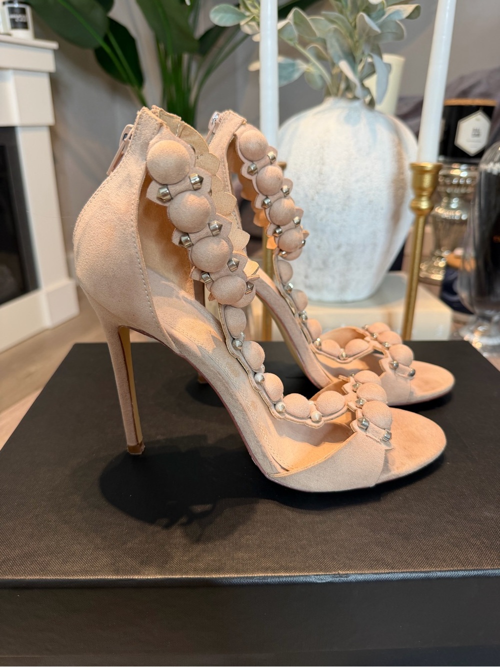 Blush Pink Suede Beaded Stiletto Sandals